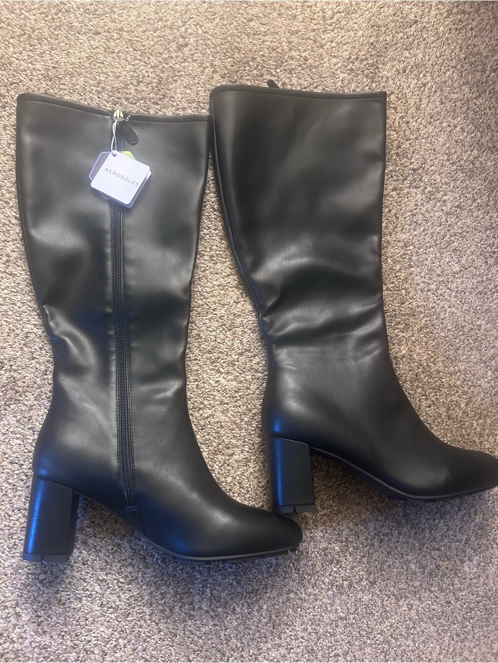 AEROSOLES Black Mid-Calf Block Heel Zip Boots